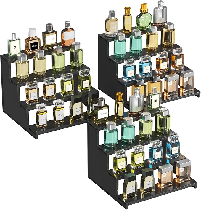 Lifewit 12 Inch Cologne Organizer for Men, 4 Tier Large Plastic Perfume Stand, Tool-free Assembly, Display Shelf for Fragrance, Aftershave, Skincare Makeup for Vanity, Bedroom, Bathroom Storage, 3 Pcs