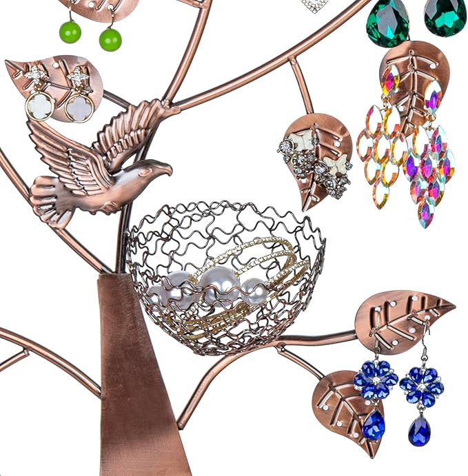 MyGift 14-Inch Modern Bronze Jewelry Organizer Tree with Bird Nest – Holds 48 Earrings, Necklace & Bracelet Stand, Metal Tabletop Display for Rings, Trinkets – Decorative Storage for Home Décor