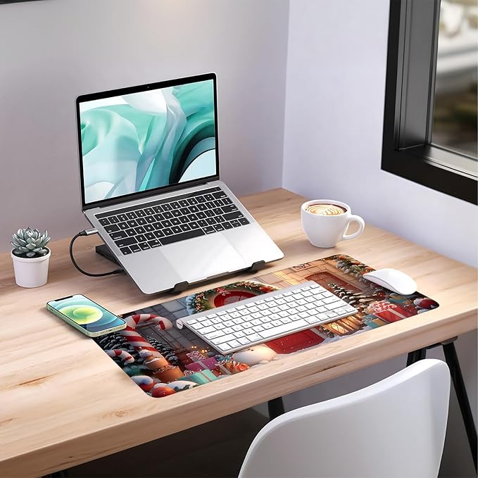 Christmas Scene Gaming Mouse Pad 31.5"x11.8"Desk Mat Anti-Slip Rubber Base & Durable Stitched Edges for Gamers Smooth Mouse Writing Surface for Desk Office/Home