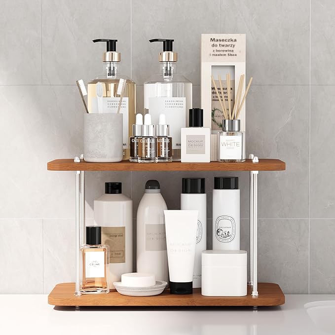 Bathroom Counter Organizer,Spices Organizer,Kitchen Countertop Organizer,Restroom Organizers,Bathroom Counter top Organizers and Storage,Cologne Stand,Adjustable Partition Height(Brown 2 Tier)