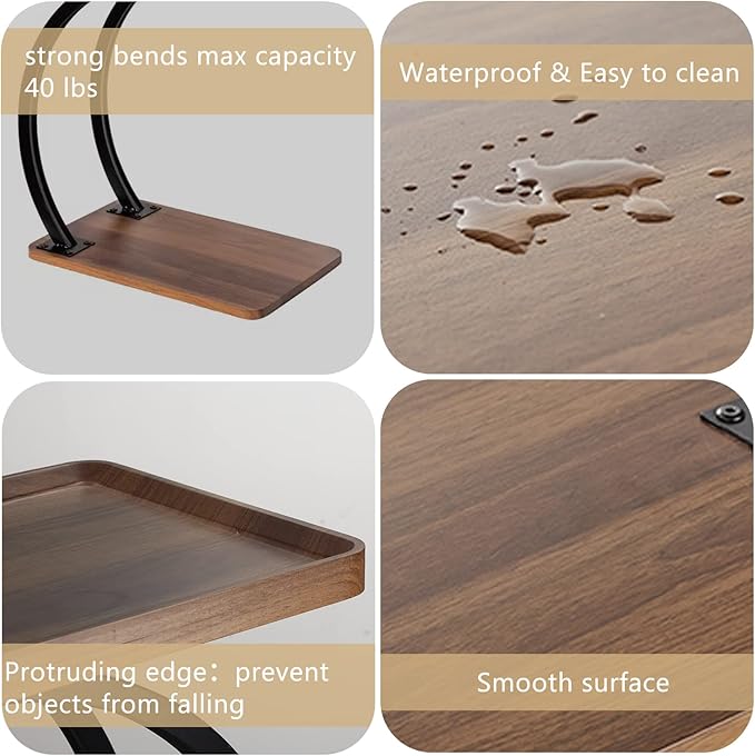 C Shaped end Table,2tier Large Tray Wood top,Easy Install Heavy Duty Side Table,TV Tray for Couch Sofa