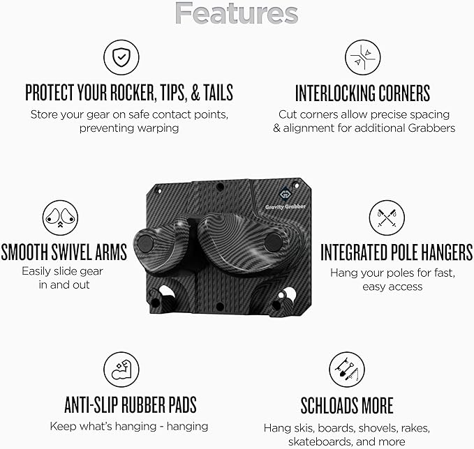 Gravity Grabber - Ultimate Ski & Snowboard Wall Rack | Secure, Non-Slip Storage | Fits Any Ski/Board | Garage Organization | Ski Storage Rack | Snowboard Storage Rack | Winter Gear Organizer | 3 Pck