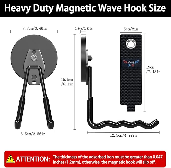 3-H Magnetic Wave Hooks Heavy Duty 2 Pack, Large Magnet Garage Hooks Heavy Duty and Strong Utility Magnetic Tool Holde for Hanging and organizing Garden Power Tool (Black