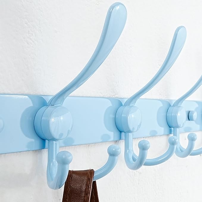 Dseap Coat Rack Wall Mounted - 5 Tri Hooks, Heavy Duty, Stainless Steel, Metal Coat Hook Rail for Coat Hat Towel Purse Robes Mudroom Bathroom Entryway, Blue