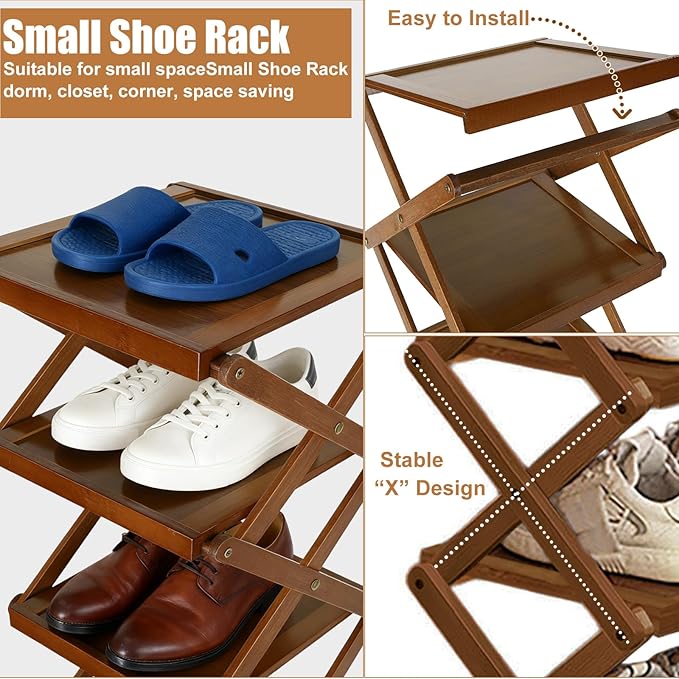 YYW Flat Bamboo Shoe Rack for Entryway, Installation-Free and Folding Vertical Small Shoe Rack, Saves Space Narrow Shoe Racks for Doorway Closet