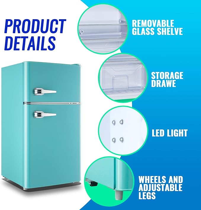 Small Refrigerator with Freezer Double Door Mini Fridge Adjustable Glass Shelves, Detachable Handle,7 Level Temperature Control Fridge for Dorm, Office, Apartment Blue
