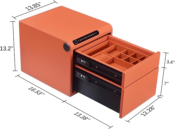Jewelry Safe with Drawers，Biometric Fingerprint safe, Slide-Away Handgun Safe for Pistols, Leather Wrapped Jewelry Storage Safe, Digital Keypad & Quick-Access Drawer(Orange- 2 Drawer)