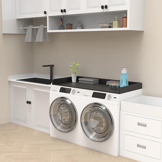Washer Dryer Countertop, Laundry Room Wood Countertop with Edge, 54" x 27.5" Top Cover for Laundry Machine, Washer and Dryer Wood Shelf Topper for Laundry Room Counter Storage Organization, Black