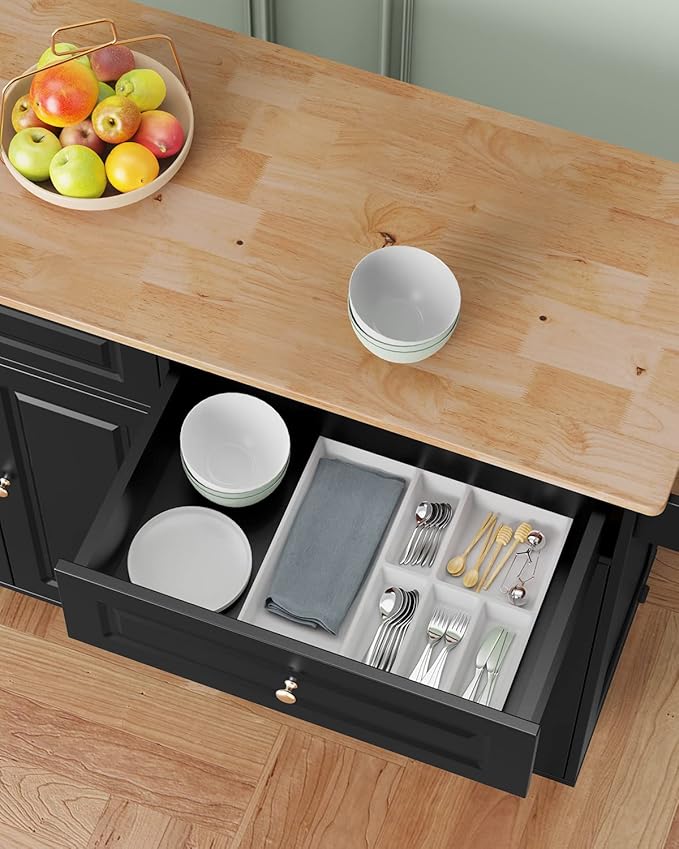 Kitchen Island with Storage, Kitchen Cart on 5 Universal Wheels, Mobile Kitchen Island with Rubber Wood Top and Side Rack (Black)