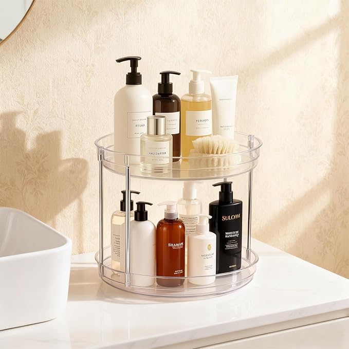 2-Pack 2-Tier Clear Lazy Susan Turntable Organizer, 9.5" Rotating Spice Rack for Kitchen Cabinet, Countertop Tray for Bathroom & Vanity to Organize Makeup, Perfume and Jewelry