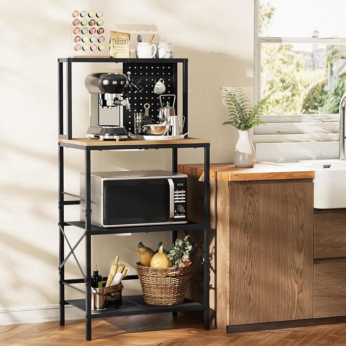 Kitchen Bakers Rack with Pegboard, 4-Tiers Coffee Bar Table, Heavy-Duty Metal Microwave Stand, Adjustable Storage Shelf Rack for Living Room, Garage, Office
