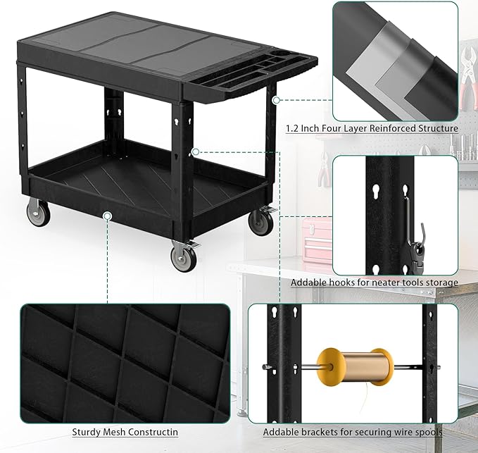 Heavy Duty Utility Rolling Tool Cart, 1000 lbs Capacity Flat Top Plastic Rolling Carts with 360°Swivel Wheels, 46 x 25 Inch Service Cart, 2 Shelf Work Cart for Warehouse,Garage, Cleaning, Black