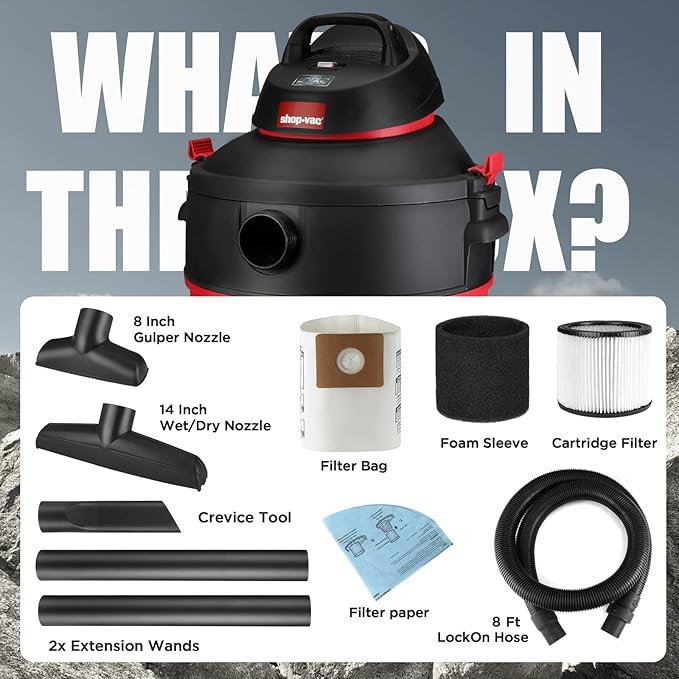 Shop-Vac 5983089 12 Gallon 5.5 Peak HP Wet/Dry Vacuum, 2.5 Inch Diameter x 8 Foot Hose, 12 Foot Cord, Ideal for Jobsite, Garage & Workshop