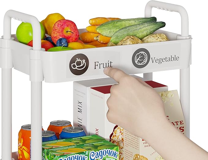 Laiensia 3-Tier Rolling Cart with Wheels,Multifunction Utility Storage Carts, Kitchen Storage Organizer,Mobile Shelving Unit for Bathroom,Laundry,with Classified Stickers,White