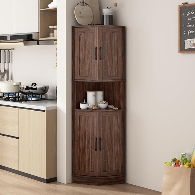 Tall Corner Cabinet, 64.7" Corner Storage Cabinet with 4 Doors and 5 Storage Shelves, Farmhouse Space Saver with Arched Door Design for Living Room, Kitchen, Bathroom, Office