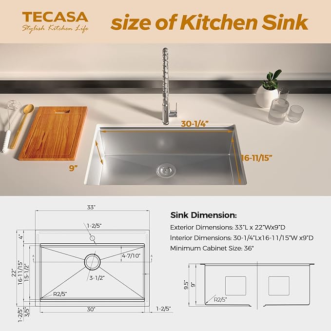 33 x 22 Drop-In/Undermount Kitchen Sink, TECASA Single Bowl Kitchen Sink with Pull Down Faucet, 18-Gauge T-304 Stainless Steel Basin with Workstation