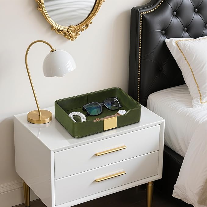 PU Leather Valet Tray with Gold Accent, Decorative Nightstand Organizer Desk Trays Cologne Organizer for Men - Key Bowl Vanity Trinket Tray for Dresser Bedside Entryway Table (Dark Green)