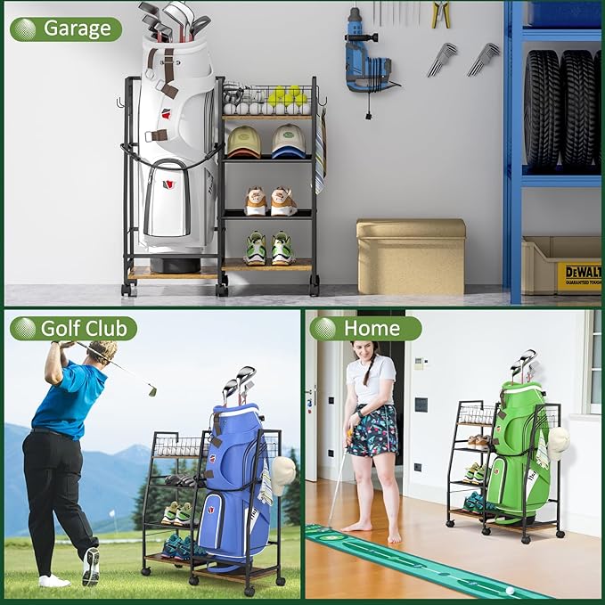 Golf Bag Garage Storage Rack with Wheels, Organizer for Single Golf Bag and Equipment Accessories, Ideal for Home, Garage, Club, Shed, Basement - Sturdy Wood and Metal Construction (Black)