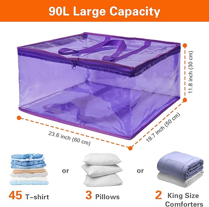 Vieshful 90L Clear Clothes Storage Bag Colorful Clothes Organizer with Zipper Vinyl Storage Bag for Comforter, Blanket, Bedding, Duvet, Transparent Moving Totes 3 Pack, Purple