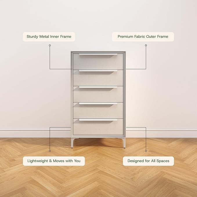 tinge Naima Premium Fabric Dresser - Strong Metal Frame, 5 Spacious Sag-Proof Drawers with Sleek Metal Handles - Premium & Durable Storage Solution for Your Home (Beige)