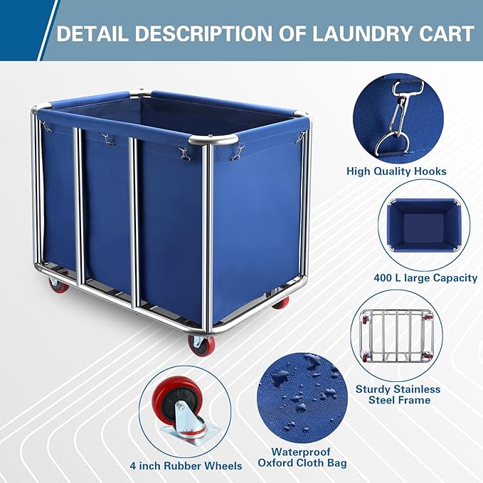 Commercial Laundry Cart with Wheels,400L Large Commercial Laundry Hamper,Commercial Laundry Basket with Sturdy Stainless Steel Frame and Oxford Bag for Home Hotel Hospital 440 lbs (Blue)