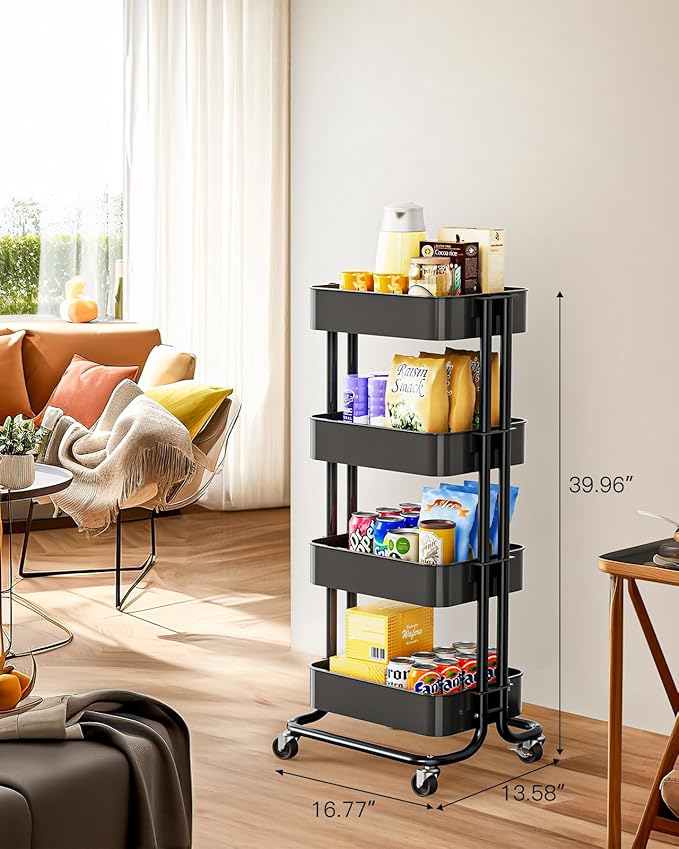 Pipishell 4 Tier Metal Rolling Utility Cart, Heavy-Duty Storage Rolling Cart with 2 Lockable Wheels, Multifunctional Mesh Organization Utility Cart for Kitchen Dining Room Living Room, PIUC13B