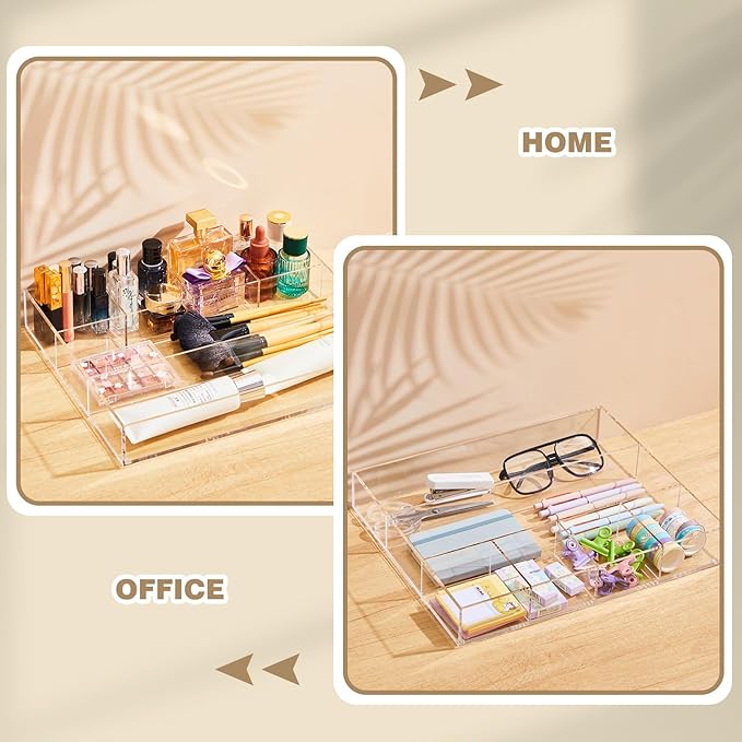 Acrylic Desk Drawer Organizer 14.37 x 11.81 x 2.17 Inch Storage Tray Organizer for Pens, Stationery, Desktop, Office, Bathroom, Kitchen, Makeup Supplies(6 Compartments, Clear)