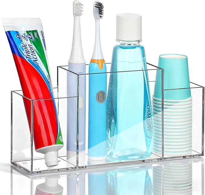 Acrylic Toothbrush Holder for Bathroom Counter, Clear Multi-Functional Toothbrush Organizer with Compartments for Electric Toothbrush, Toothpaste