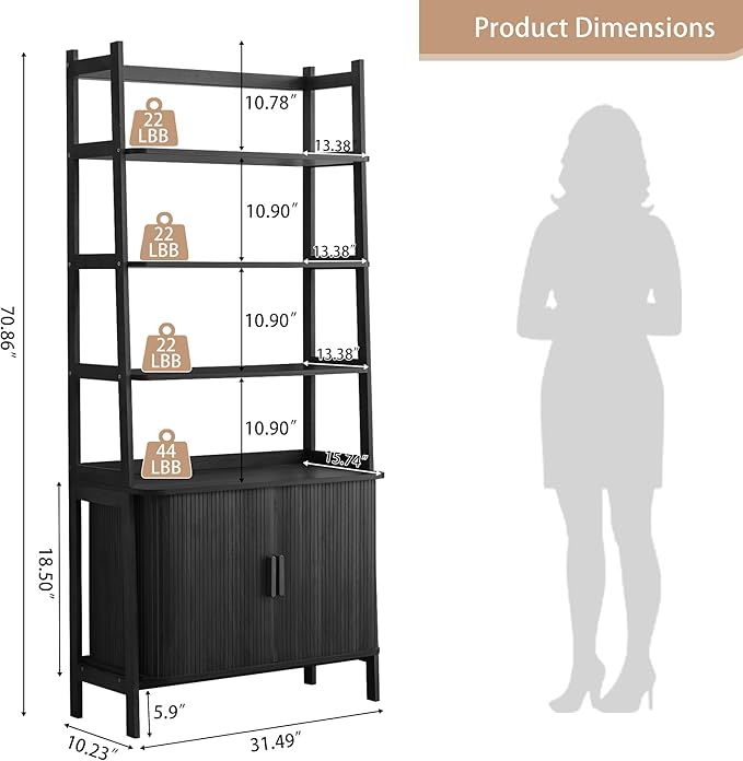 4-Tier Bookshelf, Tall Bookcase with Open Shelf and Sliding Door, 67” Freestanding Storage Organizer Display Cabinet for Living Room, Home Office (Black)
