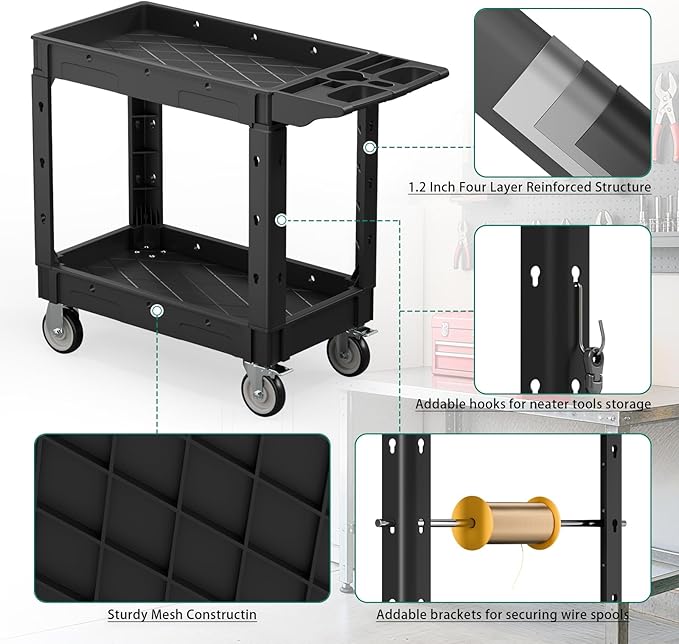 Heavy Duty Utility Rolling Tool Cart, 550 lbs Capacity Plastic Rolling Carts with 360°Swivel Wheels, 40 x 17 Inch Service Cart, 2 Shelf Work Cart for Warehouse,Garage, Cleaning, Black