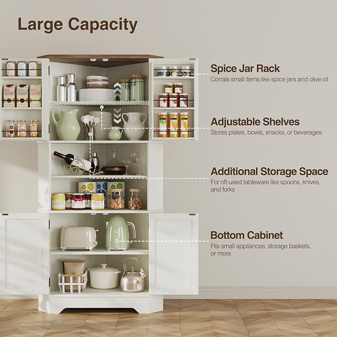Corner Cabinet, 67''H Kitchen Pantry Storage Cabinet, 6-Tier Corner Food Pantry Hutch with 4 Barn Doors and Shelves, Tall Farmhouse Furniture for Kitchen Dining Living Room, White