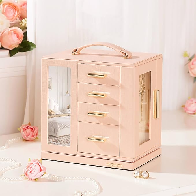 Homde Christmas Gifts Jewelry Box 360° Rotating, Necklace Earring Organizer with Transparent Window, Mirror, 7 Drawers, Large Ring Display Storage Case for Girls Women (Peach Pink)