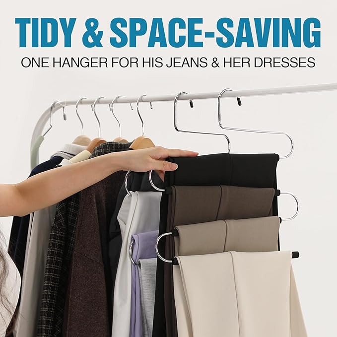 Multiple Space Saving Non Slip Foam Padded Pants Hangers 4 Tier Steel Open Ended No Creases Tiered Beige 3 Pack