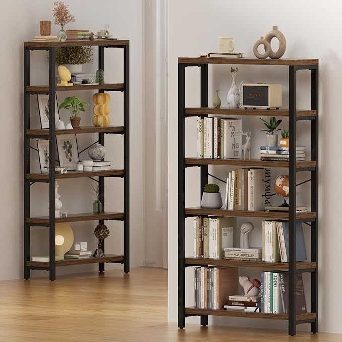 6-Tier 39.37" Wide Heavy Duty Bookshelf, Industrial Wood and Metal Bookshelf, Vintage Bookcase with Lock Wall Design, Living Room Shelf, Rustic Brown