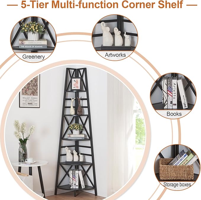 HOMBAZAAR 5 Tier Corner Shelf, 72 Inch Industrial Corner Bookshelf, Tall Ladder Bookcase with Metal Frame, Rustic Shelf Stand for Living Room, Bedroom, Office, Black