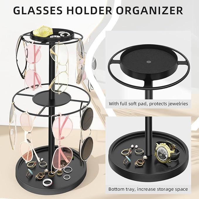 LSK 2 Tier Metal Sunglasses Organzier, Glasses Holder Stand with Storage Trays, Sunglasses Organizer Storage with Anti-Slip Pads for Tabletop, Desk, Dresser, Black
