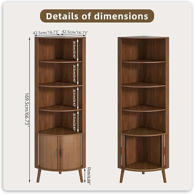 Corner Cabinet, 66.73'' Tall Modern Corner Bathroom Storage Cabinet with 2 Fluted Doors and Shelves, Home Space Saver for Kitchen, Living Room, Study Room(Walnut, 66.73''H)