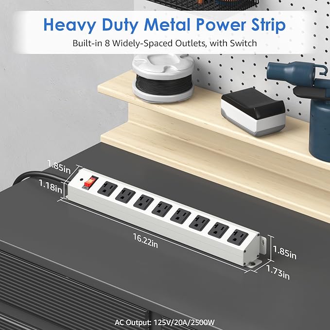 CCCEI Corner Mount Angle Power Strip, Under Cabinet Heavy Duty 8 Outlets Power Strip 20Amp, Metal Underneath Desk Plug Surge Protector, Wall Mountable, for Garage, Shop, Kitchen. 15FT Extension Cord.