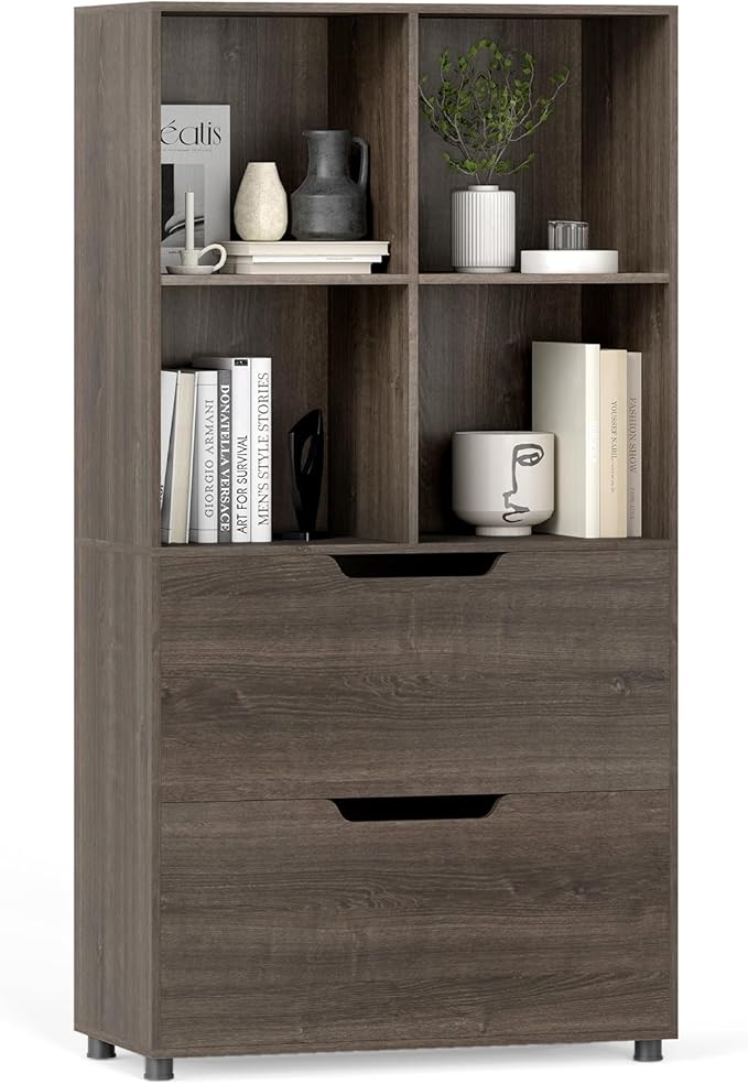 GOFLAME 4-Tier Bookcase with 2 Drawers, 51” Tall Bookshelf with 4-Cube Open Shelf, Wood, Modern, Freestanding Display Storage Organizer Shelf for Living Room, Home Office (1,Gray)