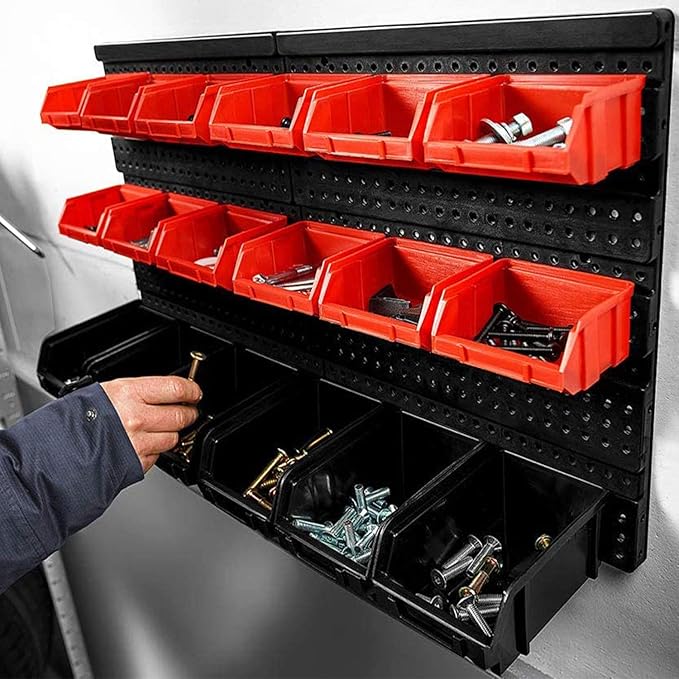 Wall Mounted Storage Bins, 30 Wall Mount Tool Organizer Bins Plastic Parts Rack Container, Easy Access Compartments For Tools, Hardware, Crafts, Office Supplies And More, Blackred