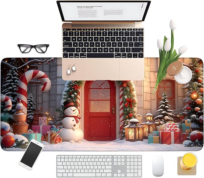 Christmas Scene Gaming Mouse Pad 35.4"x15.7"Desk Mat Anti-Slip Rubber Base & Durable Stitched Edges for Gamers Smooth Mouse Writing Surface for Desk Office/Home