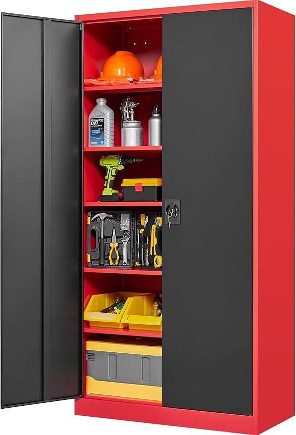 SISESOL Wide & Deep Metal Storage Cabinet with Lock & 5 Adjustable Shelves,72" Red Black Garage Storage Cabinet with Locking Doors,Lockable Cabinets for Home,Office,Shop,Garage,Basement 72x36x18