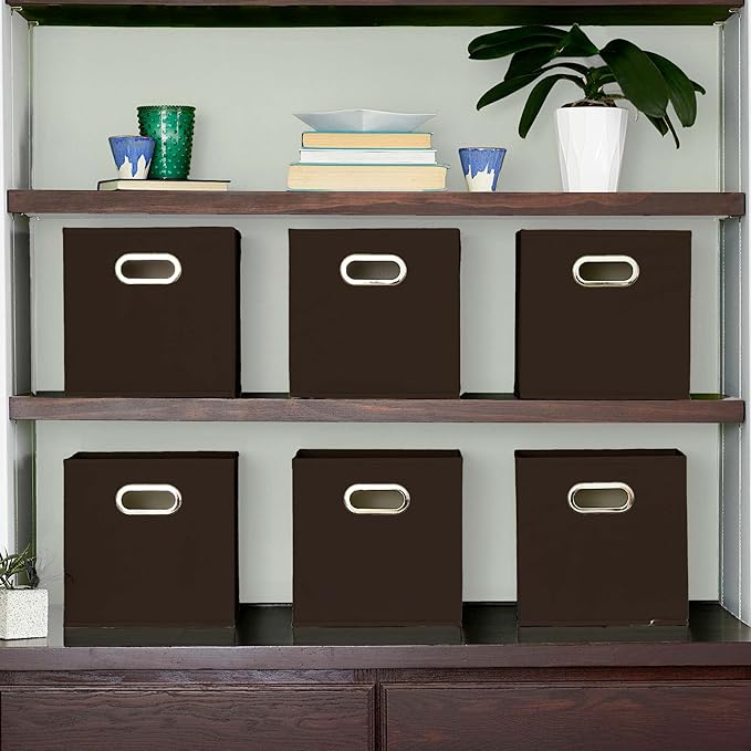 Household Essentials Foldable Fabric Storage Cubes 6-Pack – 11x11x11 Stackable Non-Woven Bins with Chipboard Sides & Grommet Handles – Closet, Shelf, Nursery, or Office Organizer – Chocolate Brown