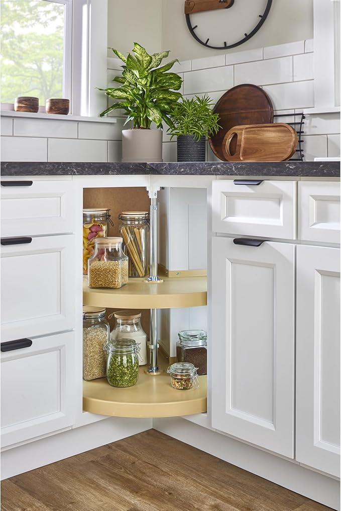 Rev-A-Shelf 2 Tier Pie-Cut Lazy Susan for Corner Base Cabinets, Plastic, 24" Double Shelf Swivel Kitchen Spice/Can Organizer, Almond, 6942-24-15-52