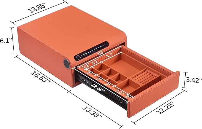 Biometric Fingerprint safe, Slide-Away Handgun Safe for Pistols, Leather Wrapped Jewelry Storage Safe, Drawer Safe for Home,Digital Keypad & Quick-Access Drawer (Orange-1 Drawer)