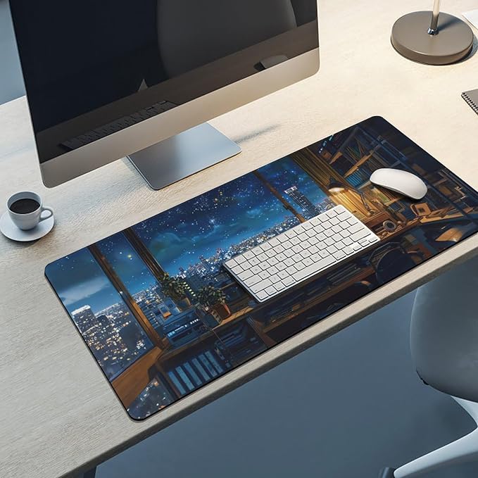 City Night from The Study Window Large Mouse Pad, Anime Style Gaming Desk Mat, XXL Keyboard Desk Pad Mat for Desktop, 35.4"x15.7" Non-Slip Base Big Mousepad with Stitched Edges