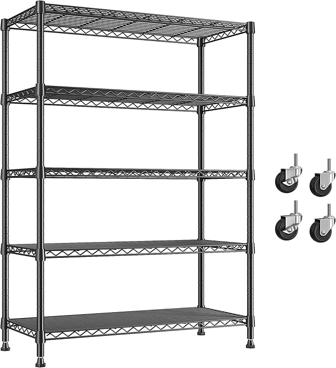 REIBII 1653LBS Storage Shelves with Wheels,76.1" H Metal Shelving 5-Tire Adjustable Wire Shelving Pantry Shelves for Garage Shelving, Pantry, Kitchen, Closet, Commercial,15.7" D x 35.4" Wx76.1 H