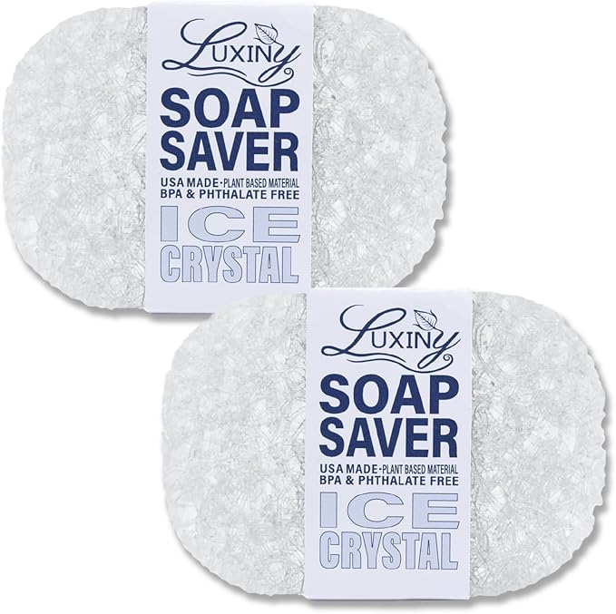 Soap Savers for Bar Soap & Shampoo Bar Holder, American Made by Luxiny, Lifts Soap in Soap Dishes & Shower Soap Holders –Bars & Soap Lasts Longer- Made from Plant Materials (Ice Crystal 2 Pack)