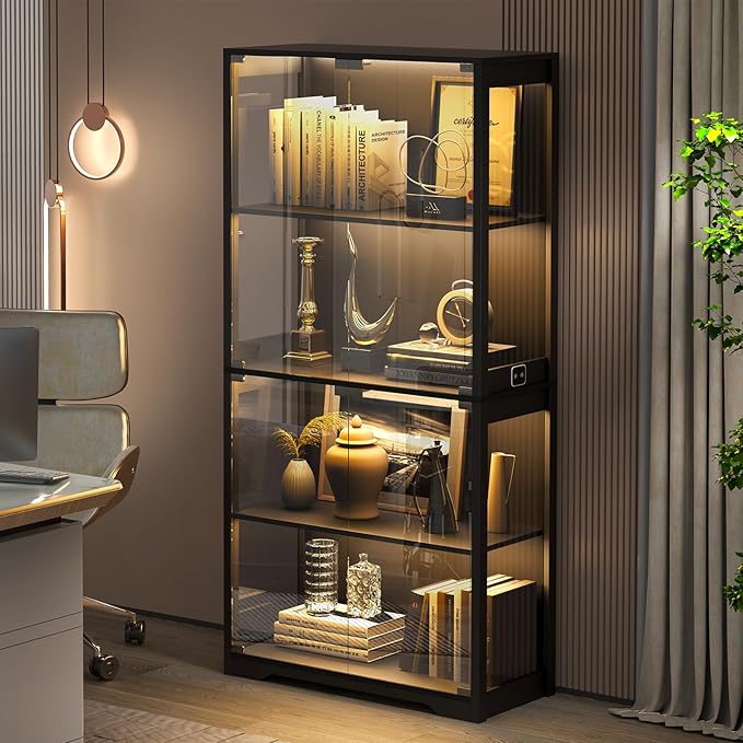 Display Cabinet with Glass Doors, 4-Tier Curio Cabinet with 3 Color Lights for Collectibles, Glass Display Case with Human Body Sensor, Bookcase with 4 Shelves, Storage Cabinets, Black