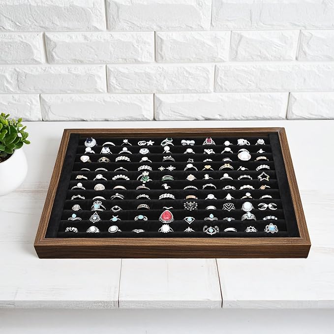 MOOCA 2 Pcs Wooden Ring Display Tray Set with Black Suede Lining, Ring Organizer for Jewelry Storage and Display, Walnut Color, 14W x 9.7D x 1.2H in